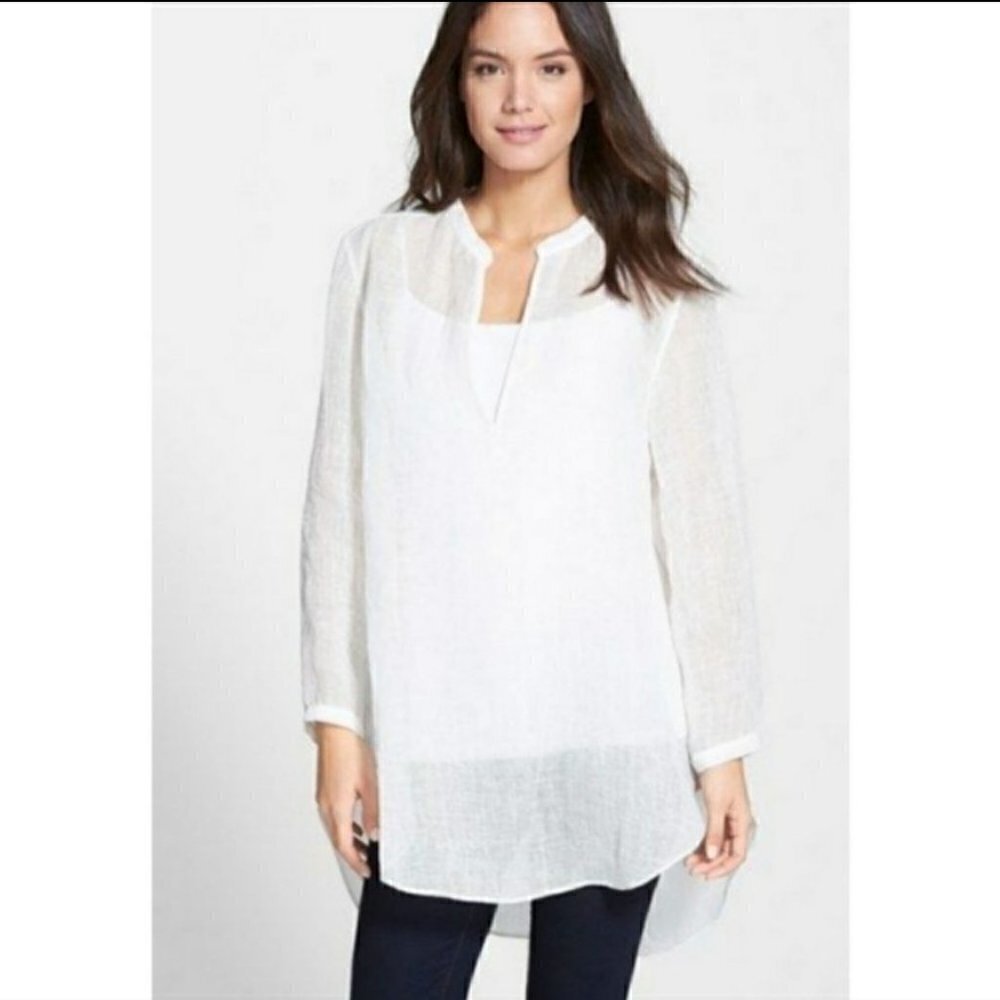 Eileen Fisher Organic Linen sheer Gauze Mandarin Tunic Top Size M  NWT